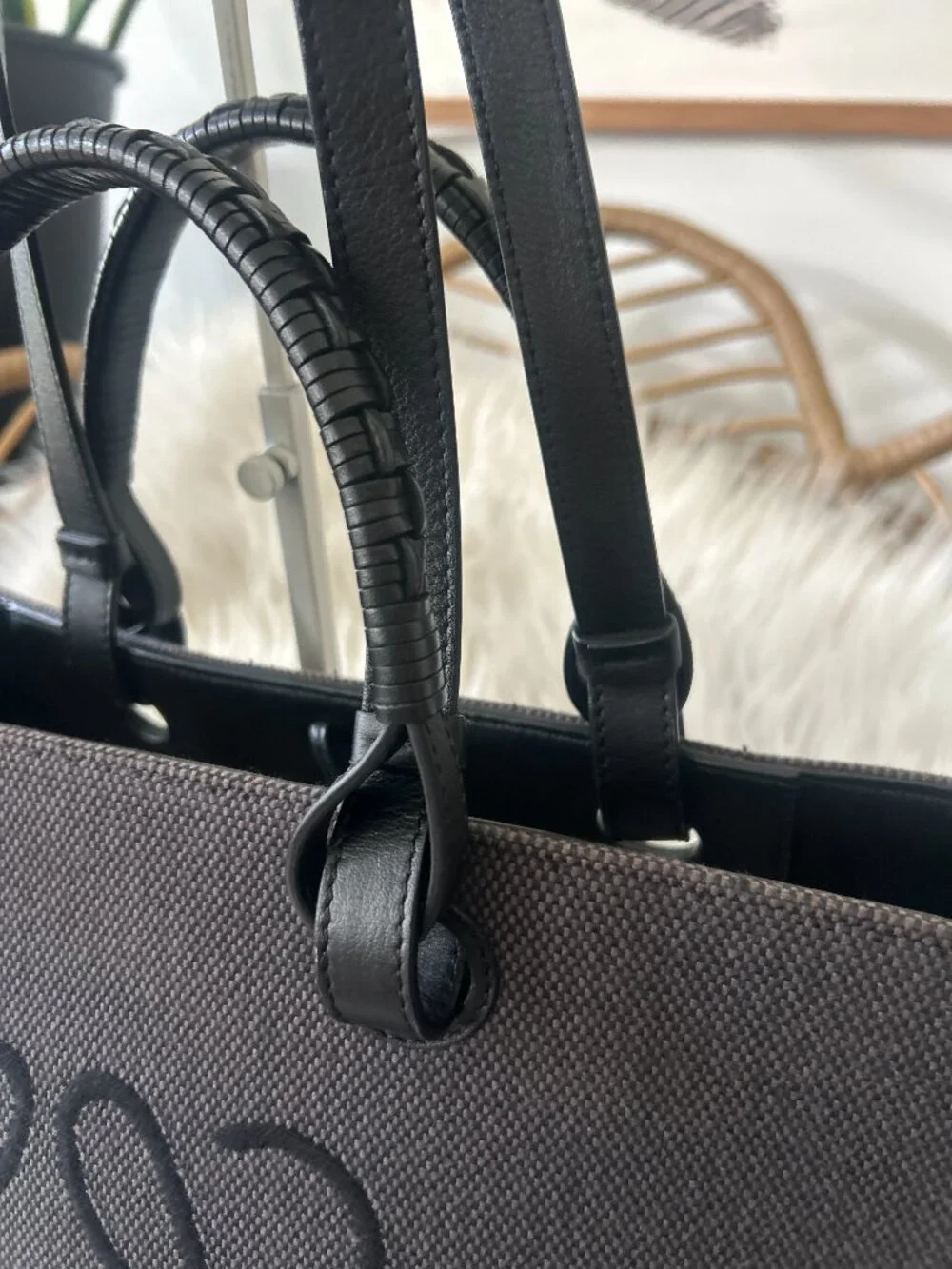 Loewe Anagram Tote in Leather & Canvas Black & Gray-Laptop, Travel, Work